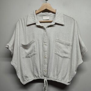 Allie Rose Linen Cropped Top Women L Cream Short Sleeve Hipster Boho Casual